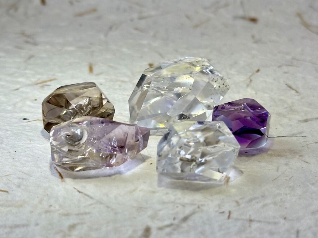 Luminous Hand-Cut Quartz Crystals — Clear, Amethyst & Smoky Quartz