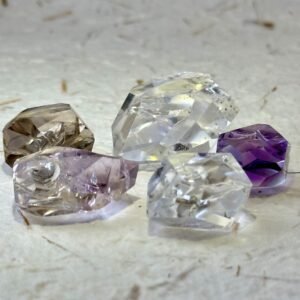 Luminous Hand-Cut Quartz Crystals — Clear, Amethyst & Smoky Quartz